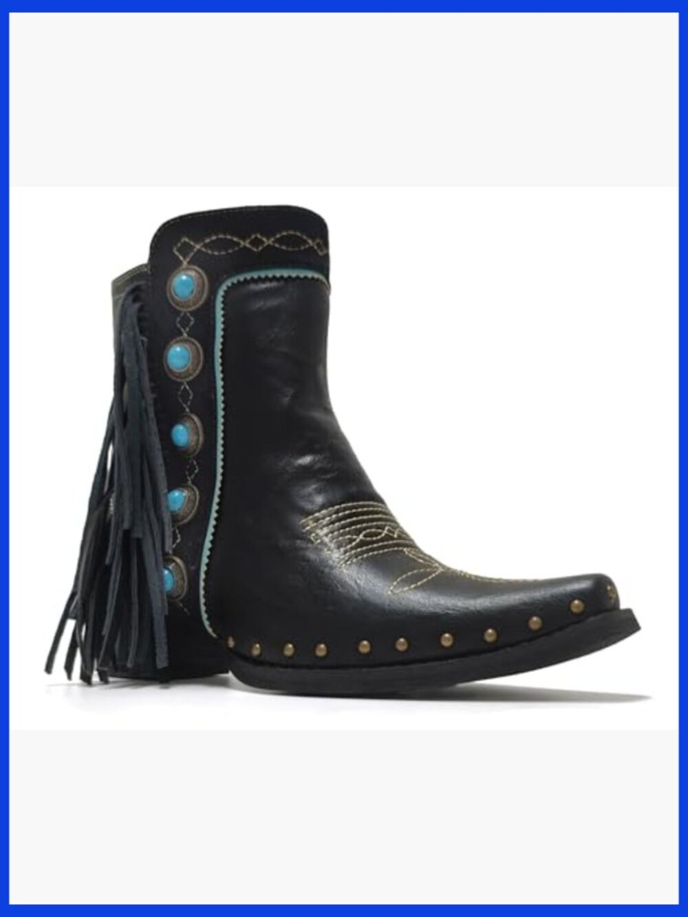 Fringe Studded Cowboy Ankle Booties with Turquoise Stones - Picture 4 of 7
